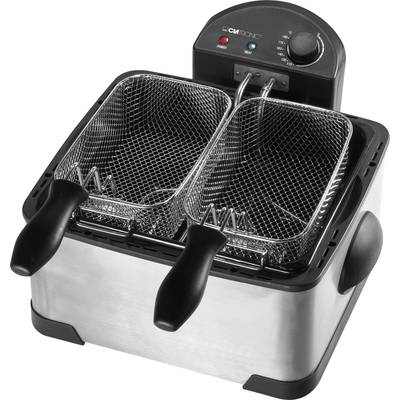 A double deep fat fryer with two metal baskets and a temperature control dial on top. Suitable for simultaneously frying different foods.