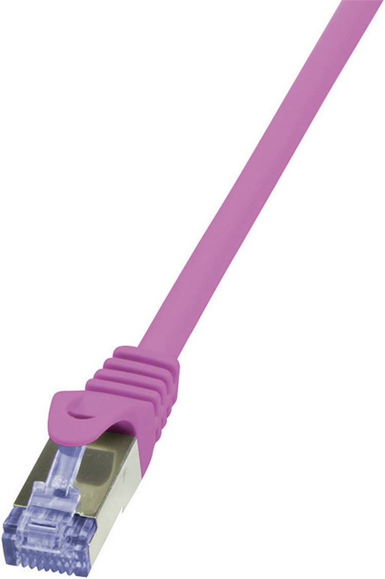 Pink Ethernet cable with RJ45 connector on a white background. Used for network connections in computers and routers.