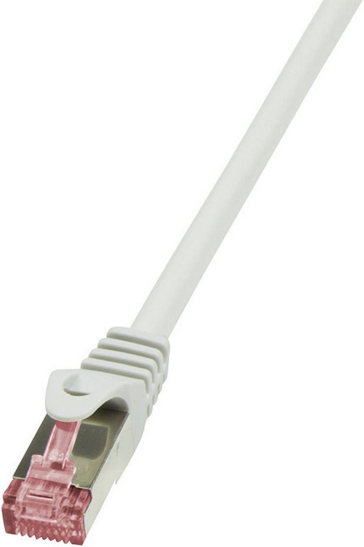 An Ethernet cable with a red plug and white cable is shown. It is used to connect network devices.