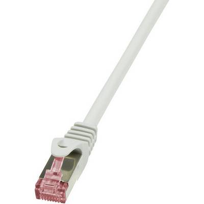 An Ethernet cable with a red plug and white cable is shown. It is used to connect network devices.