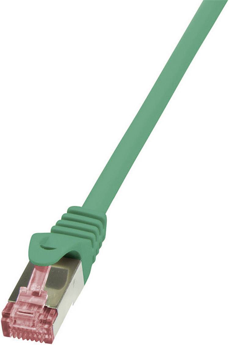 A green Ethernet cable with a red connector, typically used for network connections in computer systems.