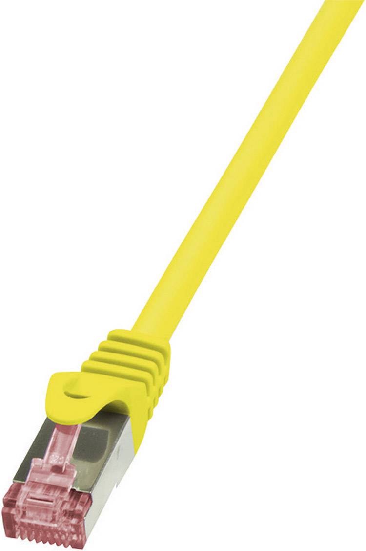 Yellow network cable with a transparent, red RJ45 connector at the end; used for Ethernet connections.