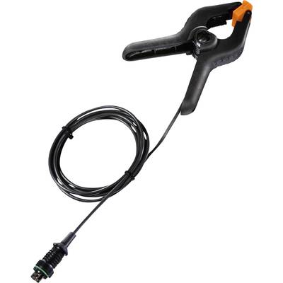 Black plastic clamp with an orange handle, attached to a long cable with a connector plug, used for electrical connection.