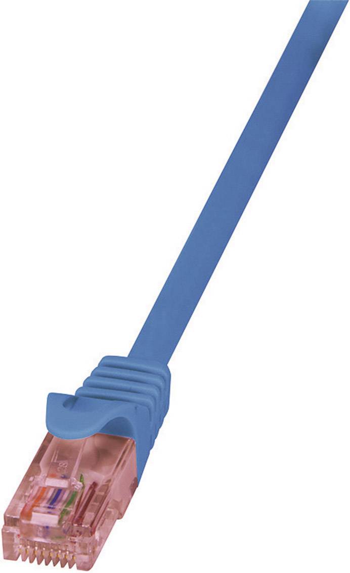 A blue network cable with a transparent plug.