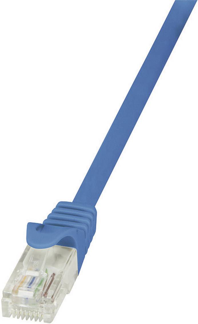 A blue Ethernet cable with a clear RJ45 connector, used for network connections.