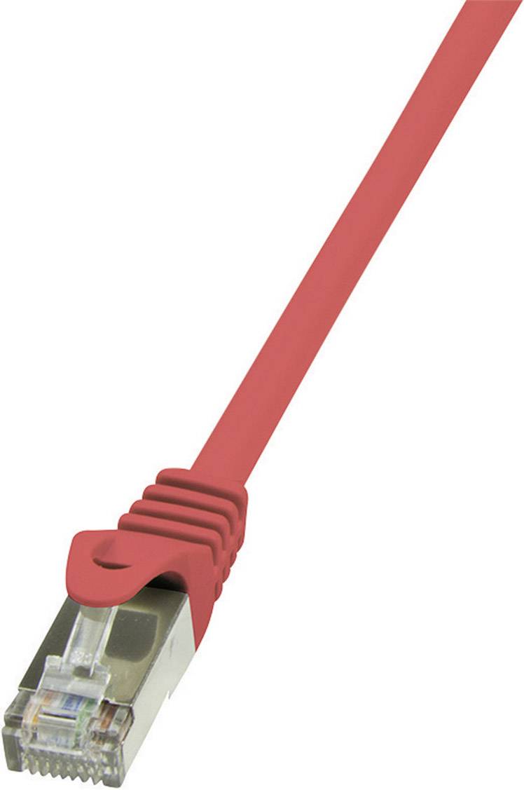 Red network cable with RJ-45 plug, suitable for computer connections.