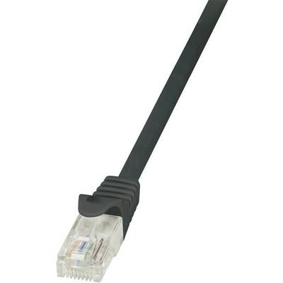 A black Ethernet cable with a transparent RJ45 connector, used for data transmission in networks.