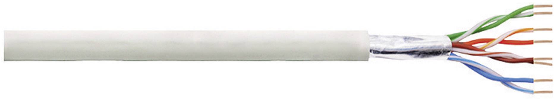 A white network cable with eight coloured cores, cut open to reveal its internal structure.