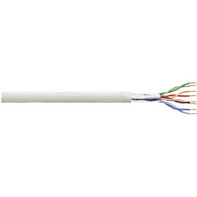 A white network cable with eight coloured cores, cut open to reveal its internal structure.