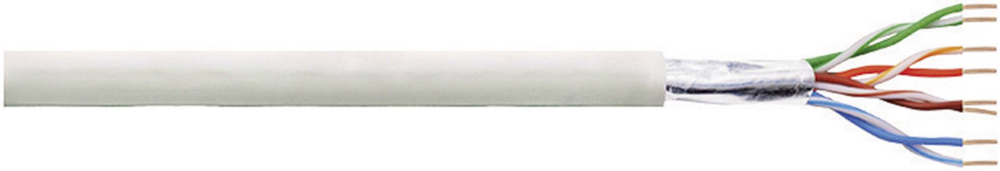 A white Ethernet cable with exposed coloured copper wires and shielding layer, ready for installation in network connections.