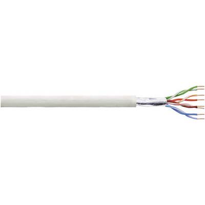 A white Ethernet cable with exposed coloured copper wires and shielding layer, ready for installation in network connections.