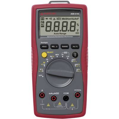 Multimeter with a red casing, display showing measurements, and multiple buttons and rotary switches for selecting functions and modes.