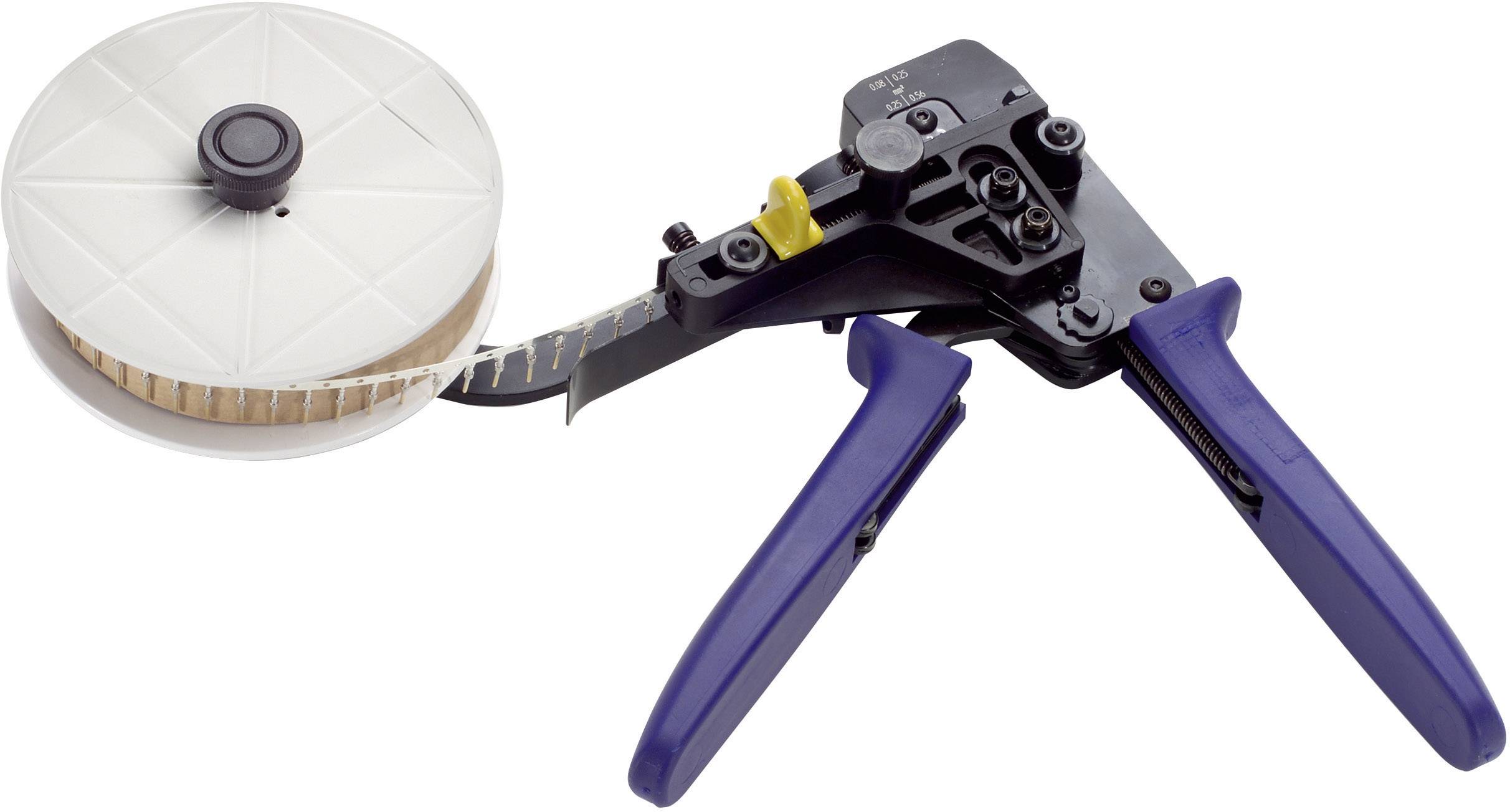 'Hand tool with blue handle and attached tape for processing components.'