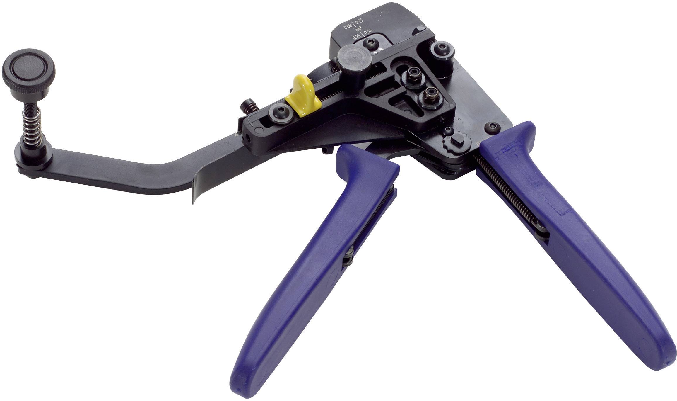 A manual tensioning tool with blue handles and a lever mechanism, used for cable tie fastenings.