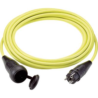 Yellow extension lead with black plug and socket, suitable for outdoor use, coiled and ready for deployment.