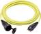 Yellow extension lead with black plug and socket, suitable for outdoor use, coiled and ready for deployment.