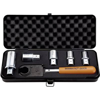 Tool set in a black case with foam lining. Contains five socket key attachments and a ratchet handle with an orange grip.