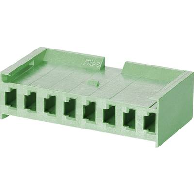 Green electrical connector with seven rectangular apertures.