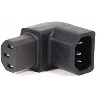 A black, right-angled adaptor with three electrical contacts on each side, for connecting electrical devices.