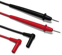 A pair of test leads, one red and one black, with insulated handles and metal tips, commonly used for electronic testing.