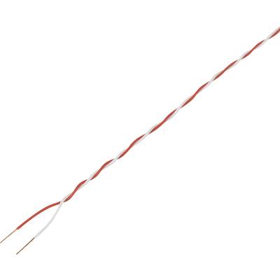 Red and white twisted cable with two copper conductors.