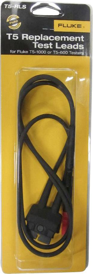 Yellow packaging containing T5 replacement test leads from Fluke for T5-1000 or T5-600 testers. Includes two black cables with plugs.