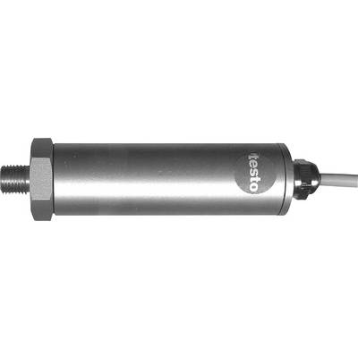 A cylindrical sensor with 'testo' labelling, screw thread on the left side and cable connection on the right.