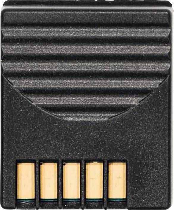 A black memory card with five golden contacts on the underside.