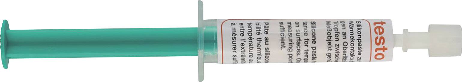 A green disposable syringe for calibration with printed text 'testo', used for checking refrigeration chains in food products.