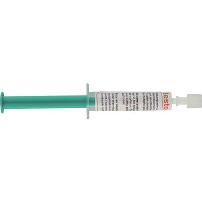 A green disposable syringe for calibration with printed text 'testo', used for checking refrigeration chains in food products.