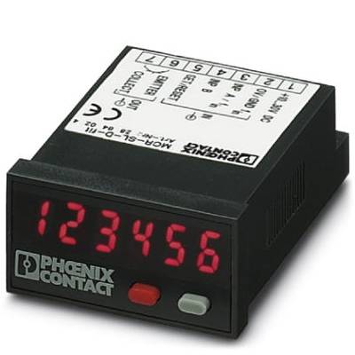 Digital display with red numbers 123456 on a black device, 'Phoenix Contact' brand logo, technical information on label at the top.