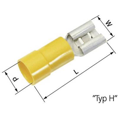 Yellow electrical connector of type H with marked dimensions: length (L), width (W), diameter (d).