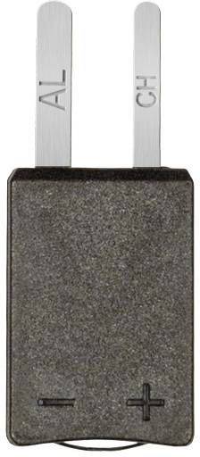 'AL' and 'CH' are printed on two metallic rods of a safety element. Minus and plus symbols are engraved at the bottom.