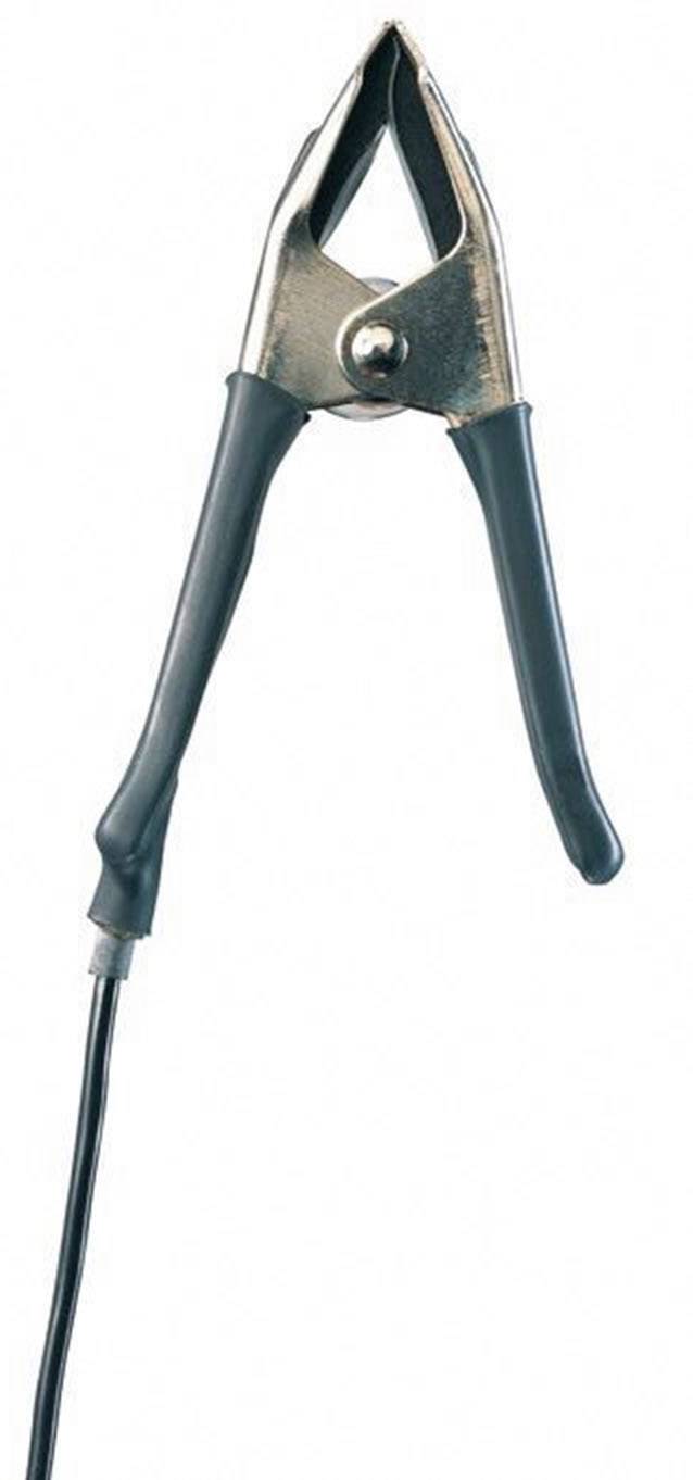 A black crocodile clip with a metal tip, attached to a cable. It is frequently used for connecting electrical circuits.