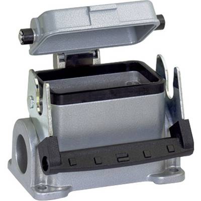 Metal enclosure with an open lid and side levers. It is robust and likely suitable for industrial connectors.