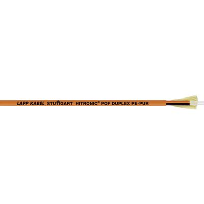 Orange cable with black text 'LAPP KABEL STUTTGART INTRONIC POF DUPLEX PE-PUR', ends showing fibres.