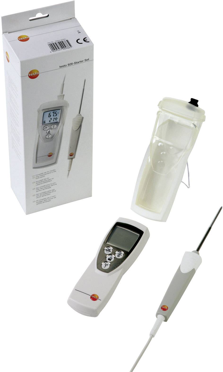 Packaging and Components of a Digital Food Safety Thermometer with Display and Probes, Ideal for Temperature Measurements.