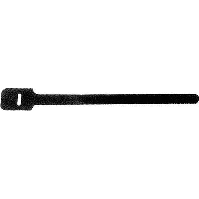 A black hook and loop cable tie for bundling and organising cables.