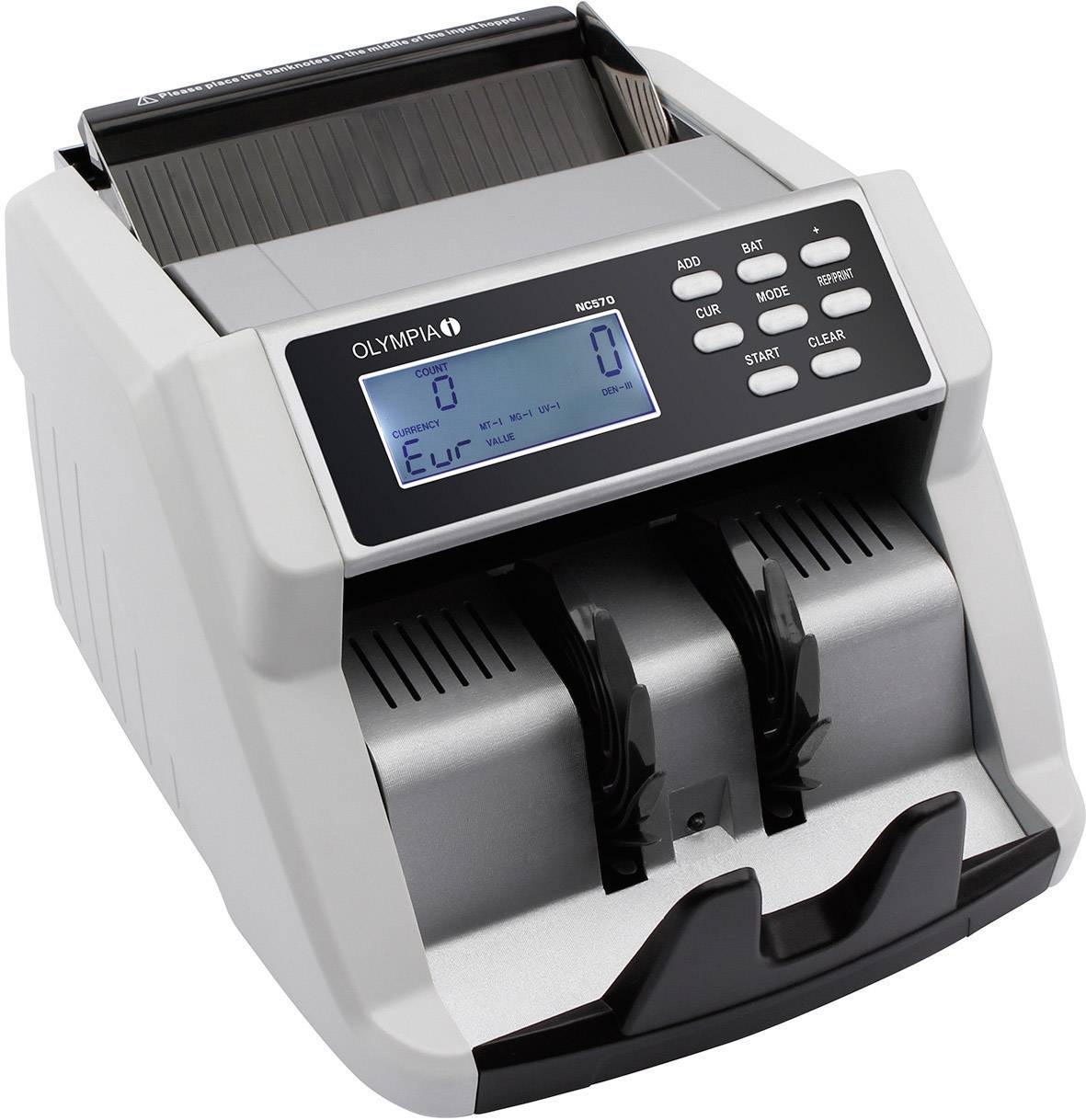 A mechanical money counter with a digital display shows the number '0' for euro banknotes. Buttons for adding, stacking, and mode selection are visible.