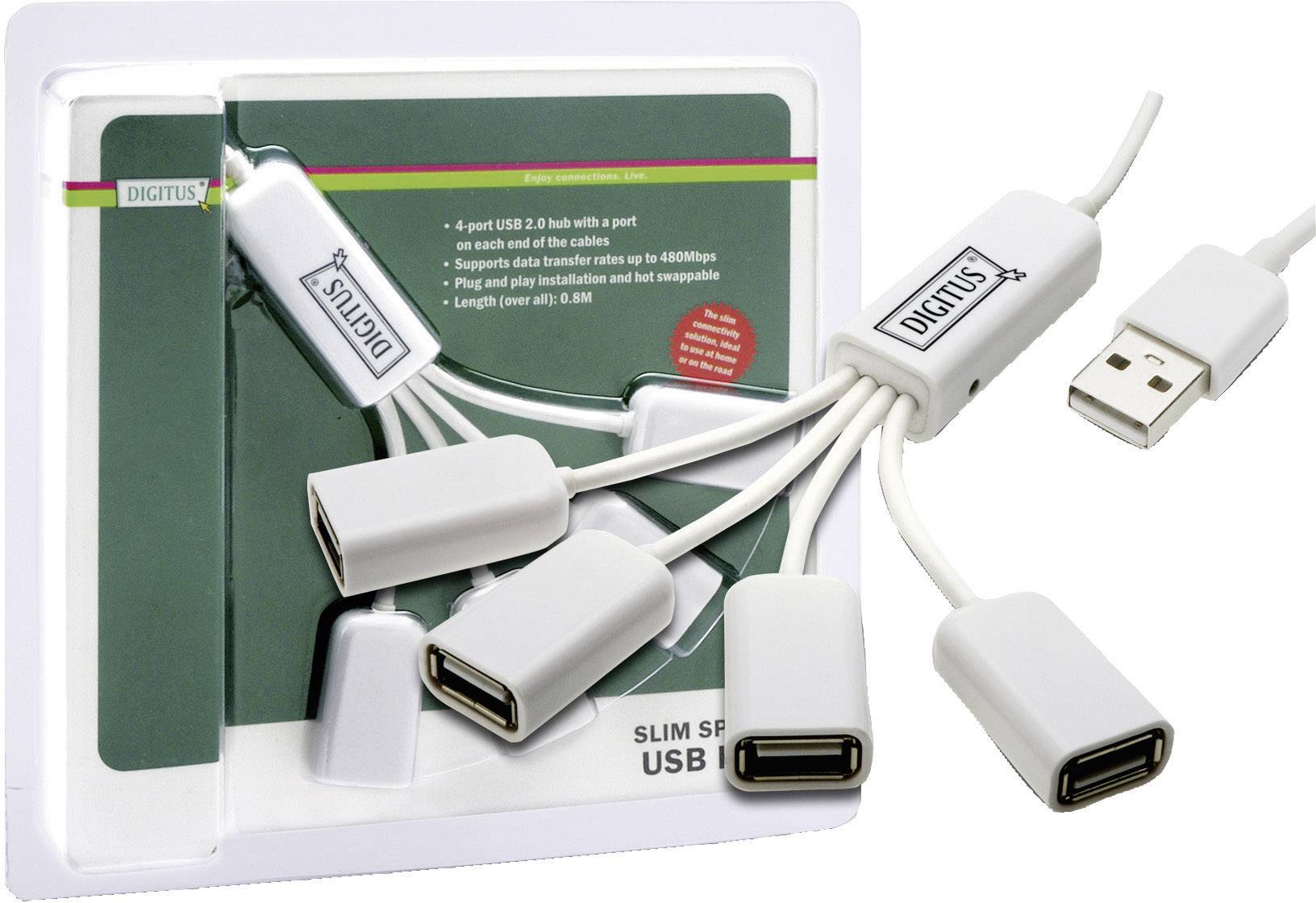 'USB 2.0 Hub with 4 Ports, each with Cable, Supports Data Transfer up to 480 Mbps, Plug-and-Play, Length Approx. 0.60 m.'