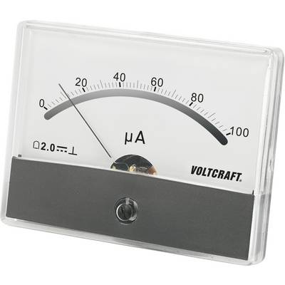 An analogue ammeter shows a deflection of approximately 18 microamperes. On the left is the omega symbol, on the right the brand name 'Voltcraft'.
