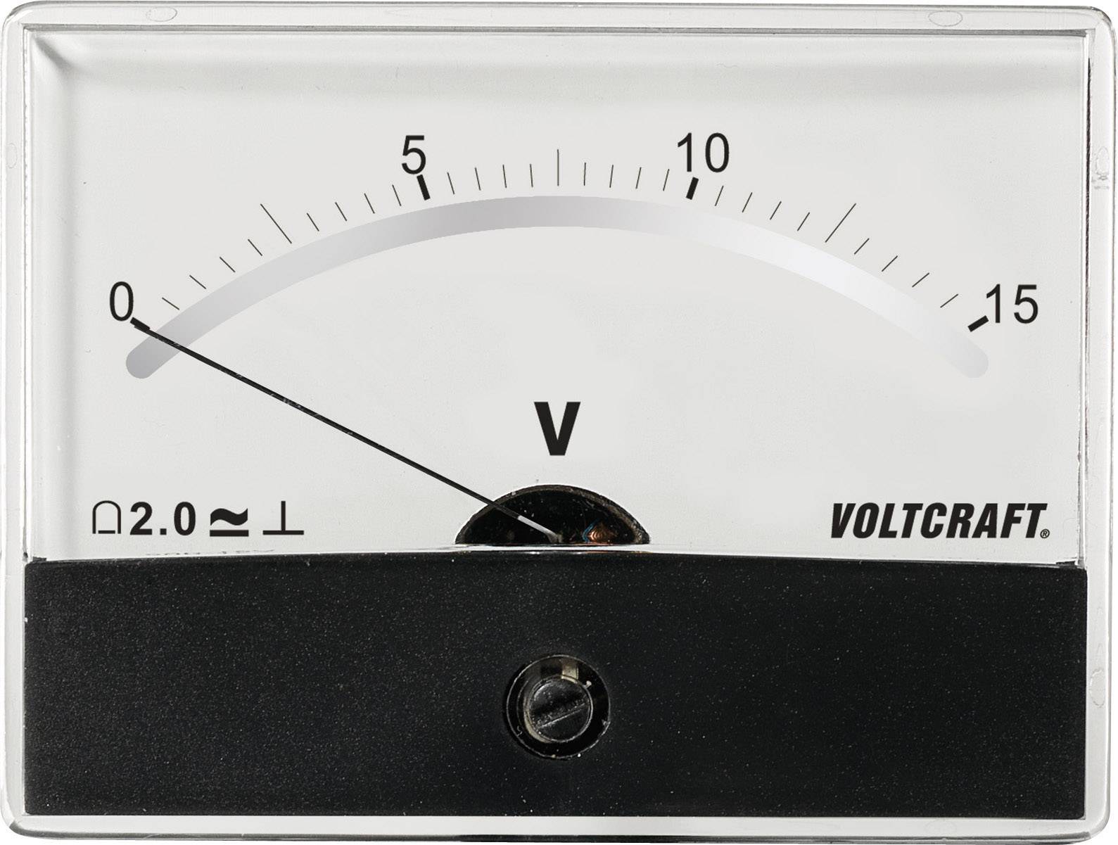 Analogue voltmeter in white, showing a voltage of approximately 5 V. Scale ranges from 0 to 15 volts. 'Voltcraft' brand.