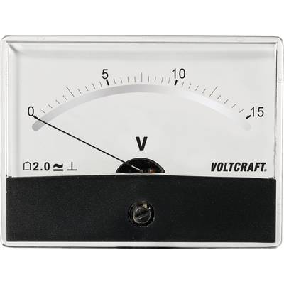 Analogue voltmeter in white, showing a voltage of approximately 5 V. Scale ranges from 0 to 15 volts. 'Voltcraft' brand.