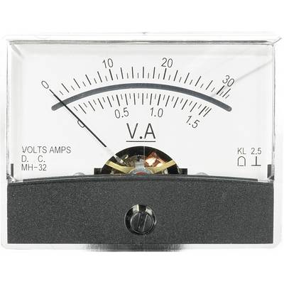 Analogue measuring device displays voltage and current on a scale. Scale ranges from 0 to 30 volts/amperes, with the needle pointing to approximately 1.2.