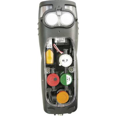 An electrical testing device with an open battery compartment and colour-coded batteries. Two round, white lights at the top.