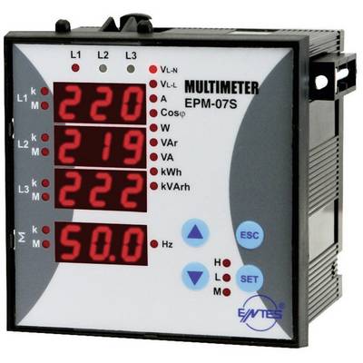 'Multimeter EPM-07S' with digital displays for voltage (220V, 219V, 222V) and frequency (50.0 Hz) on the front panel.