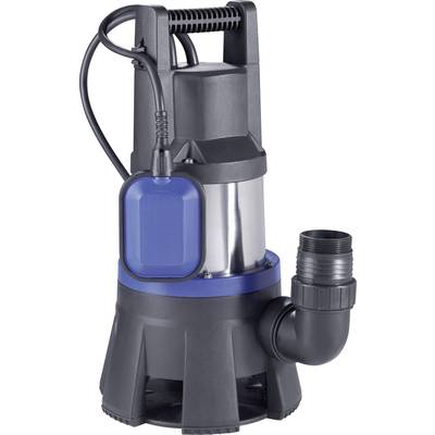 A black and blue submersible pump with a flexible pipe connection and an electrical connection cable; suitable for water drainage.