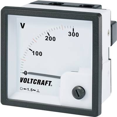 Analogue voltmeter showing a measurement range from 0 to 300 volts, with the pointer currently at 0. The 'VOLTCRAFT' brand mark is positioned at the bottom left of the device.