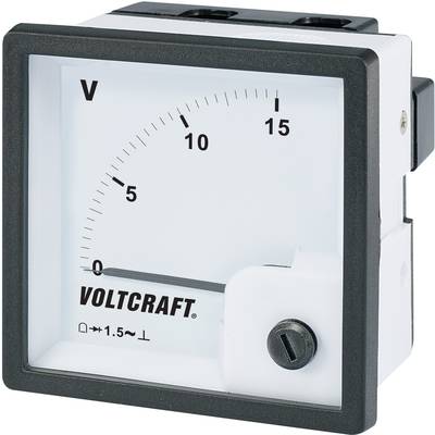 Analogue voltmeter from Voltcraft, showing a voltage of just over 5 volts, scale ranges up to 15 volts.