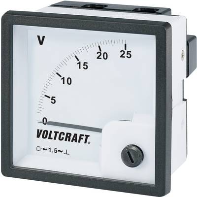 An analogue Voltcraft voltmeter shows a voltage of just over 0 V on a scale from 0 to 25 V.